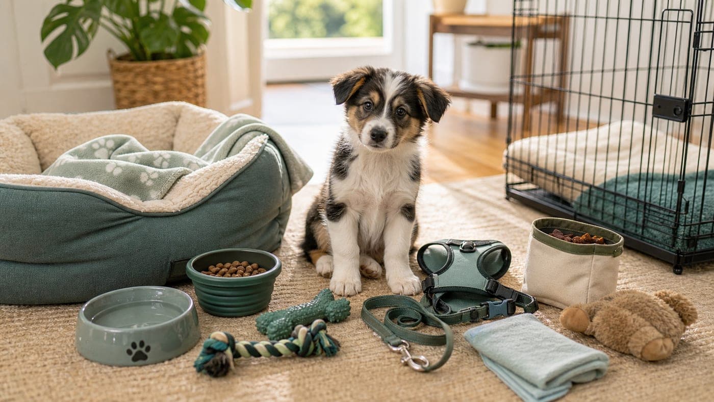 Puppy sitting beside first-week essentials including a bed, bowls, toys, leash, harness, and crate.