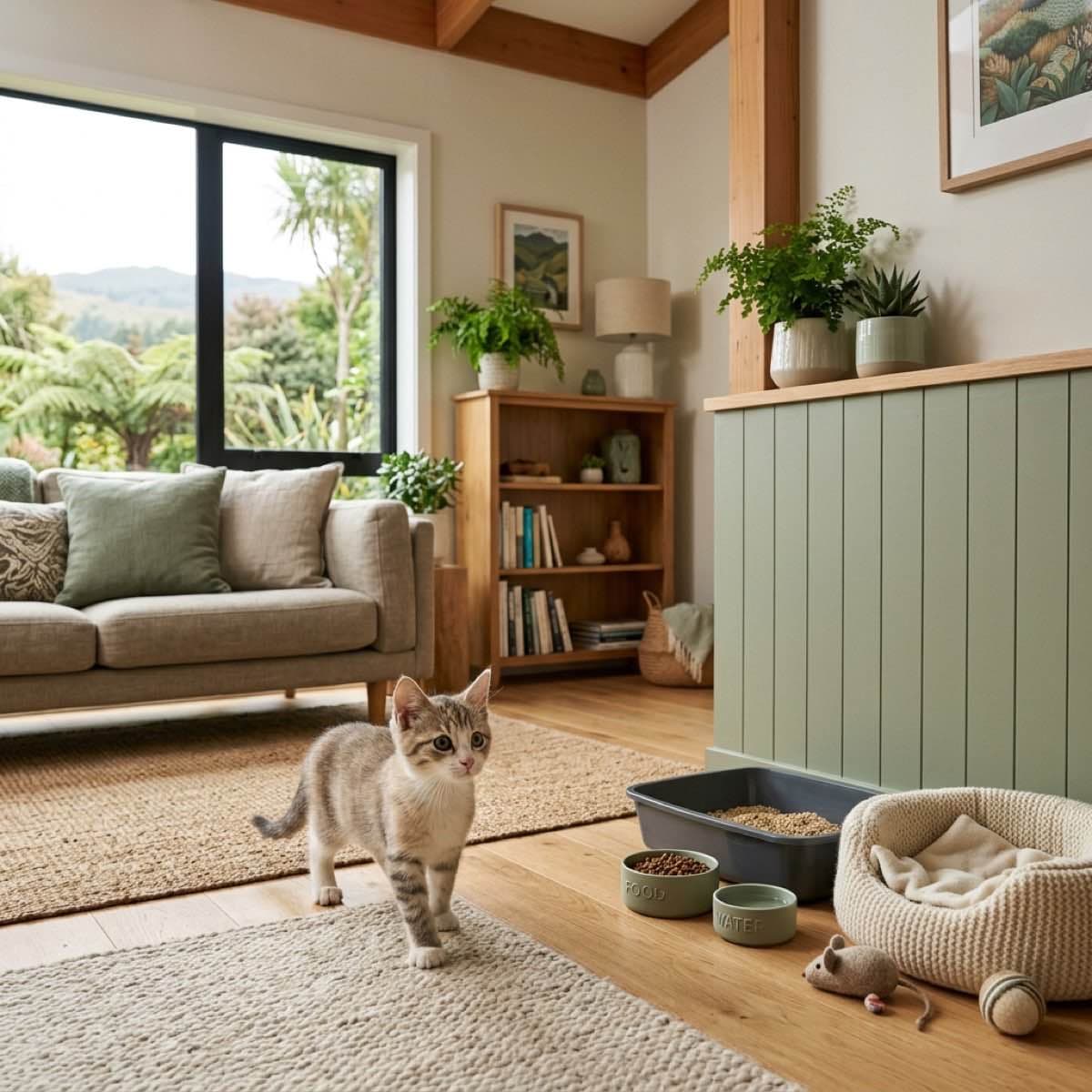 A tiny kitten cautiously exploring a safe, cozy New Zealand living room with a small litter box, food bowl, and soft bed nearby