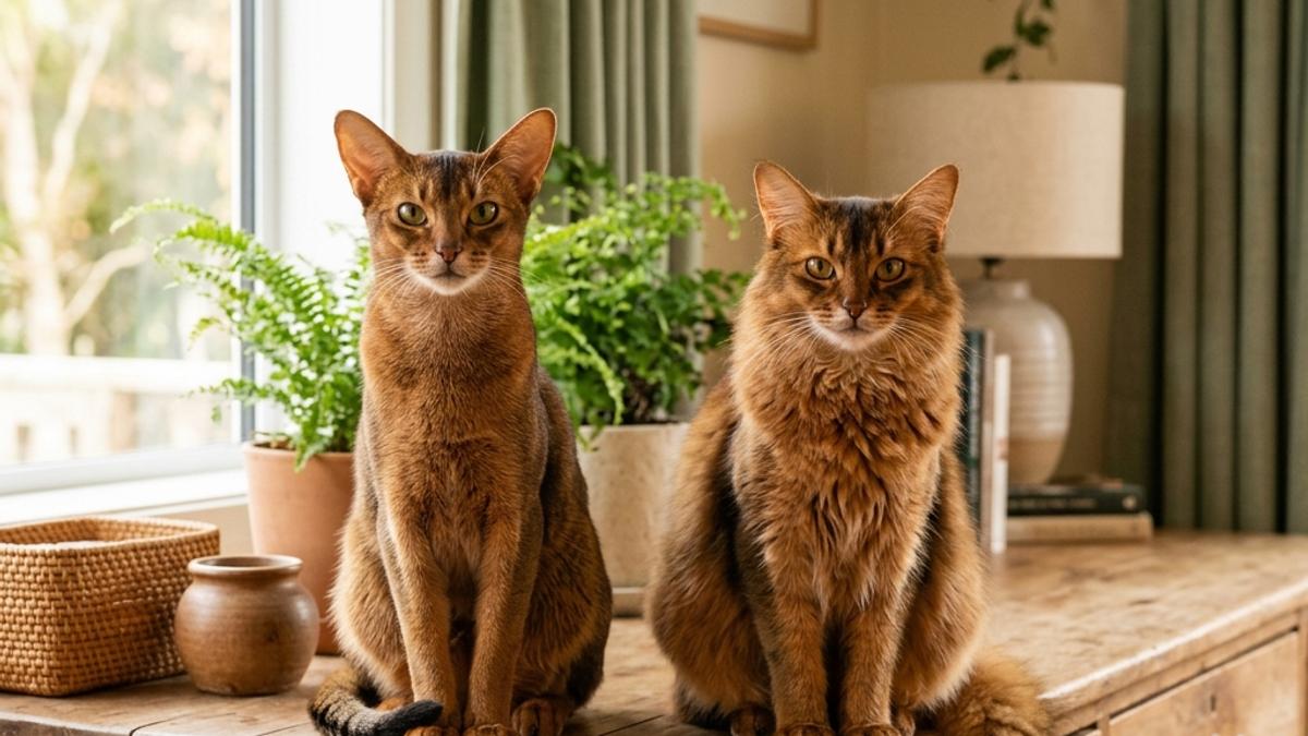 A short-coated Abyssinian cat and a fluffy long-coated Somali cat sitting side-by-side on a wooden dresser in a warm New Zealand home