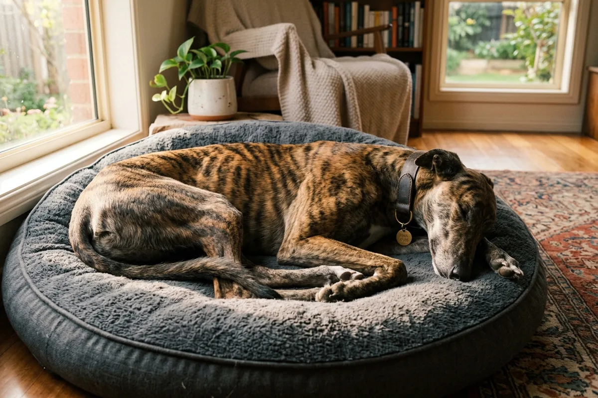 A serene brindle retired greyhound resting peacefully on a plush supportive dog bed inside a warm sunlit home living room