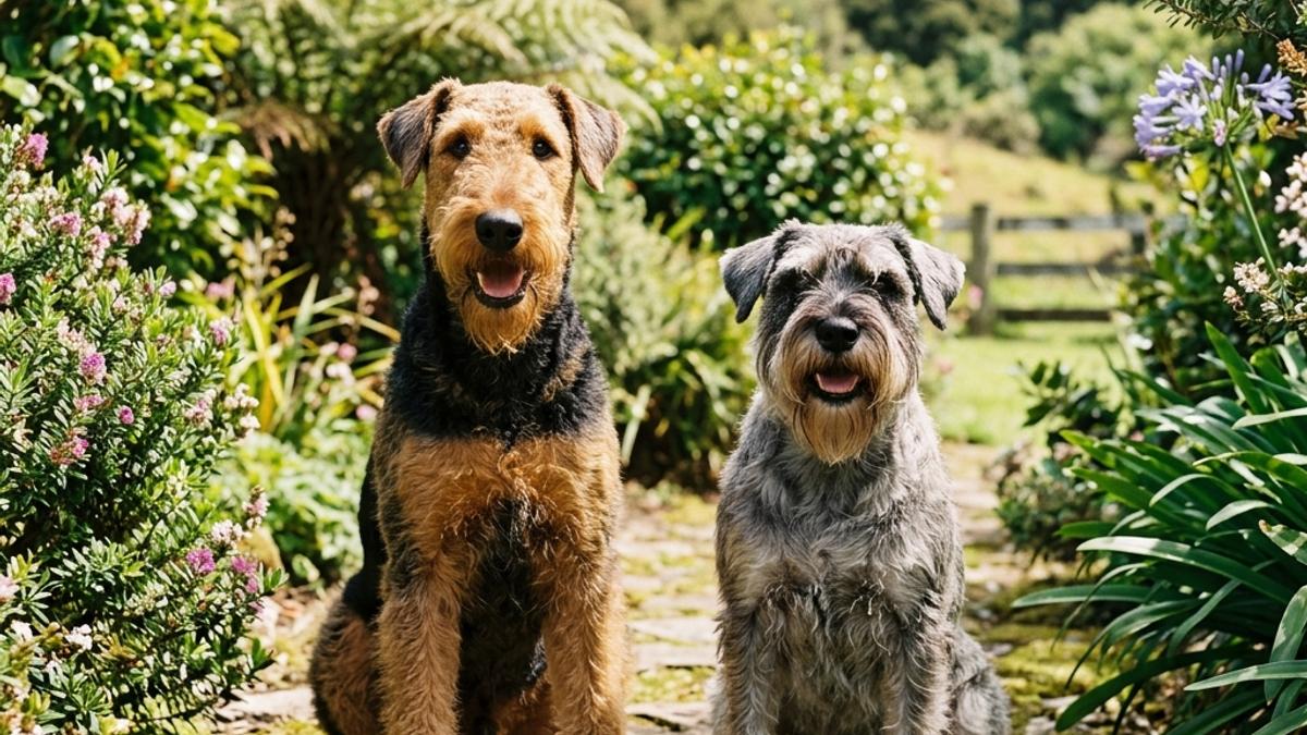 A happy Airedale Terrier and a Standard Schnauzer side by side in a New Zealand garden path