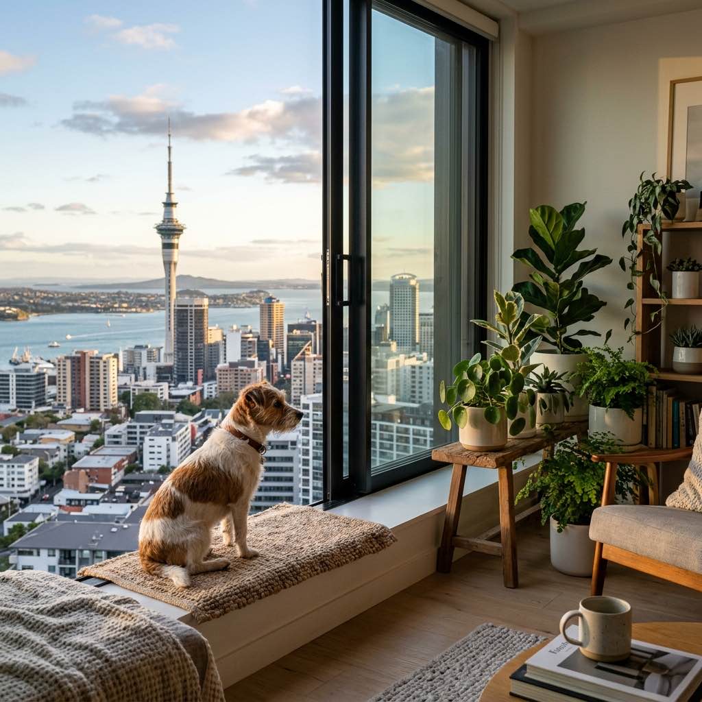 A small dog looking out a large window of a modern sunny apartment towards the city skyline
