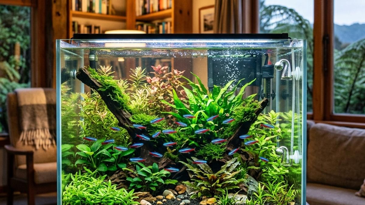 A clean tropical freshwater aquarium with neon tetras swimming amidst lush green plants in a living room