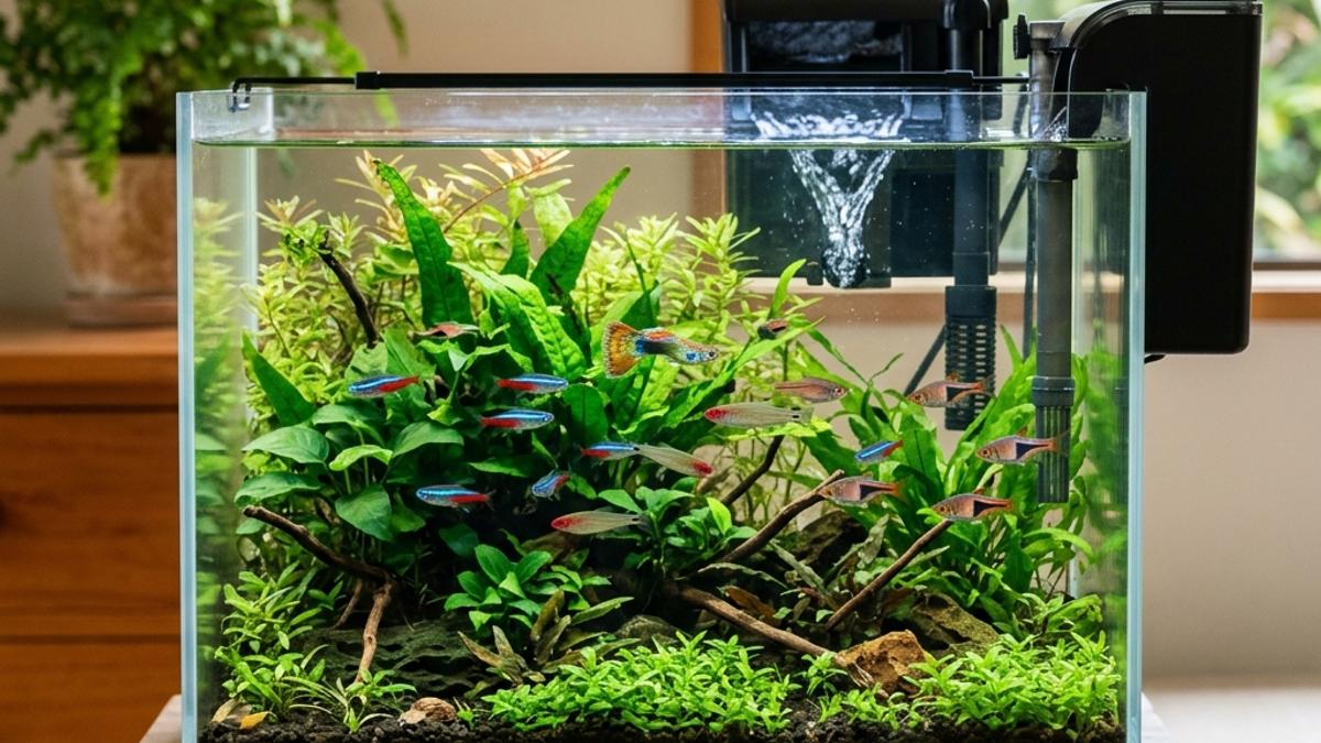 A clean, clear aquarium in New Zealand, showing a modern hang-on-back filter operating smoothly