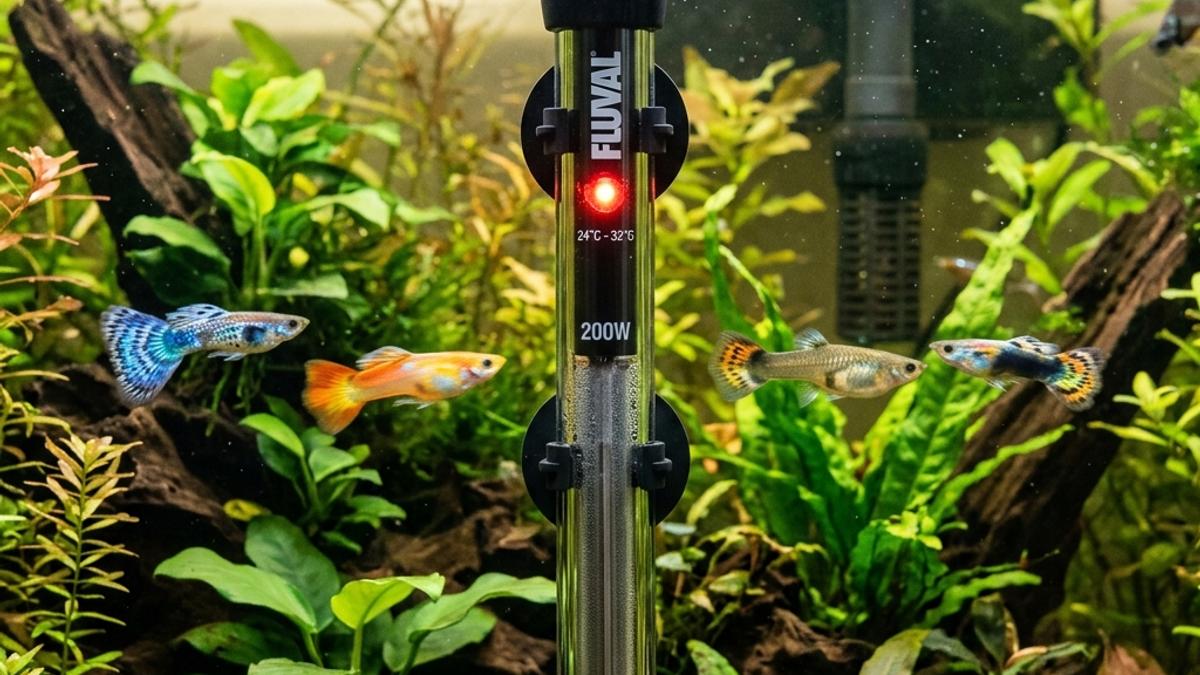 A glass submersible aquarium heater with a glowing red indicator light mounted inside a tropical planted fish tank