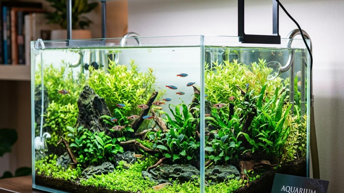 A modern home aquarium with LED light mounted on top next to a lighting card