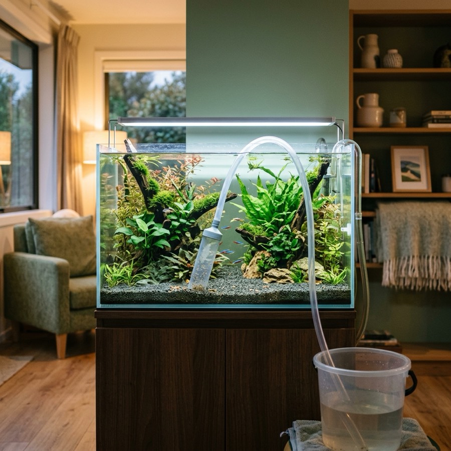 A person performing a water change with a gravel vacuum in a beautifully planted home aquarium