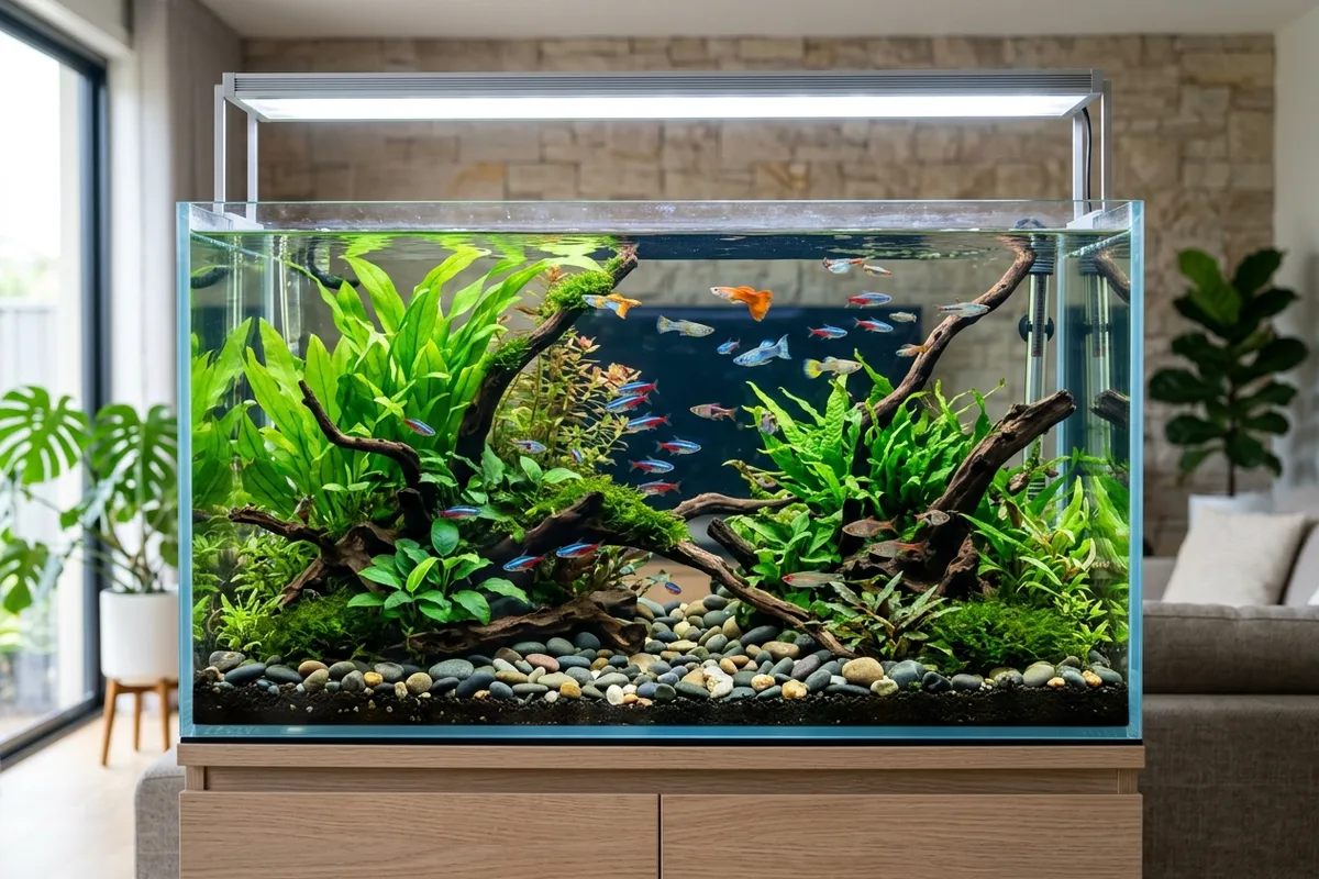 A beautifully planted modern freshwater glass aquarium tank with clean water, aquatic plants, natural driftwood, and colourful small fish