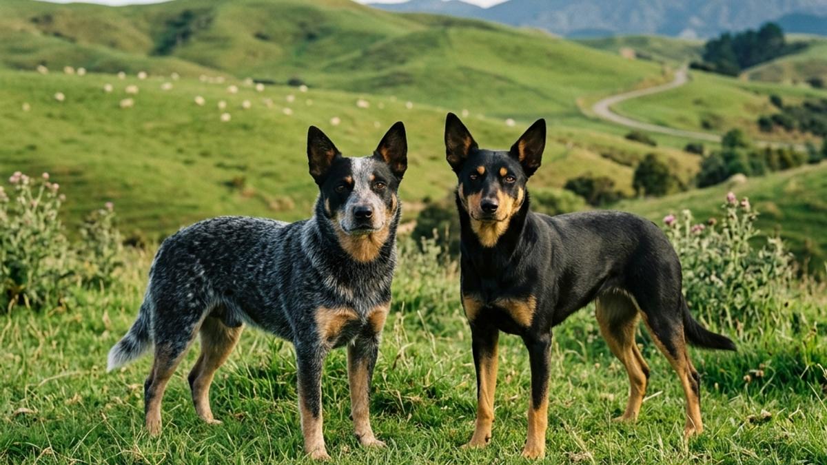 An active Australian Cattle Dog and a sleek Australian Kelpie standing side-by-side in a green New Zealand farm pasture
