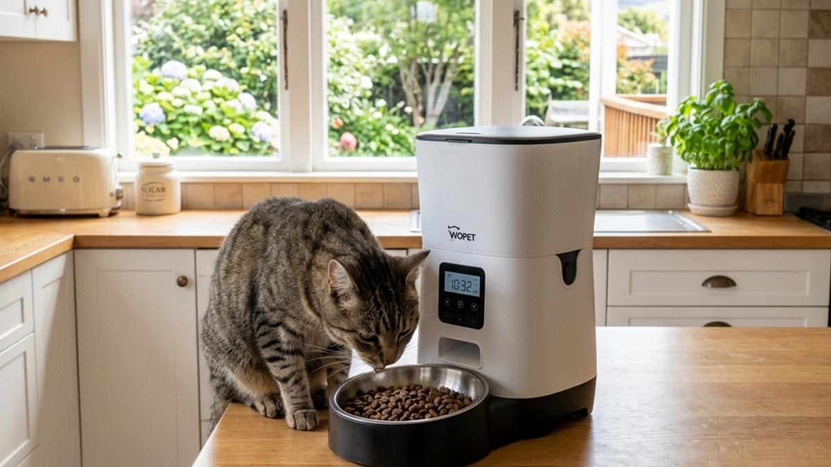 A tabby cat eating dry kibble from a modern white automatic cat feeder on a wooden kitchen island in NZ