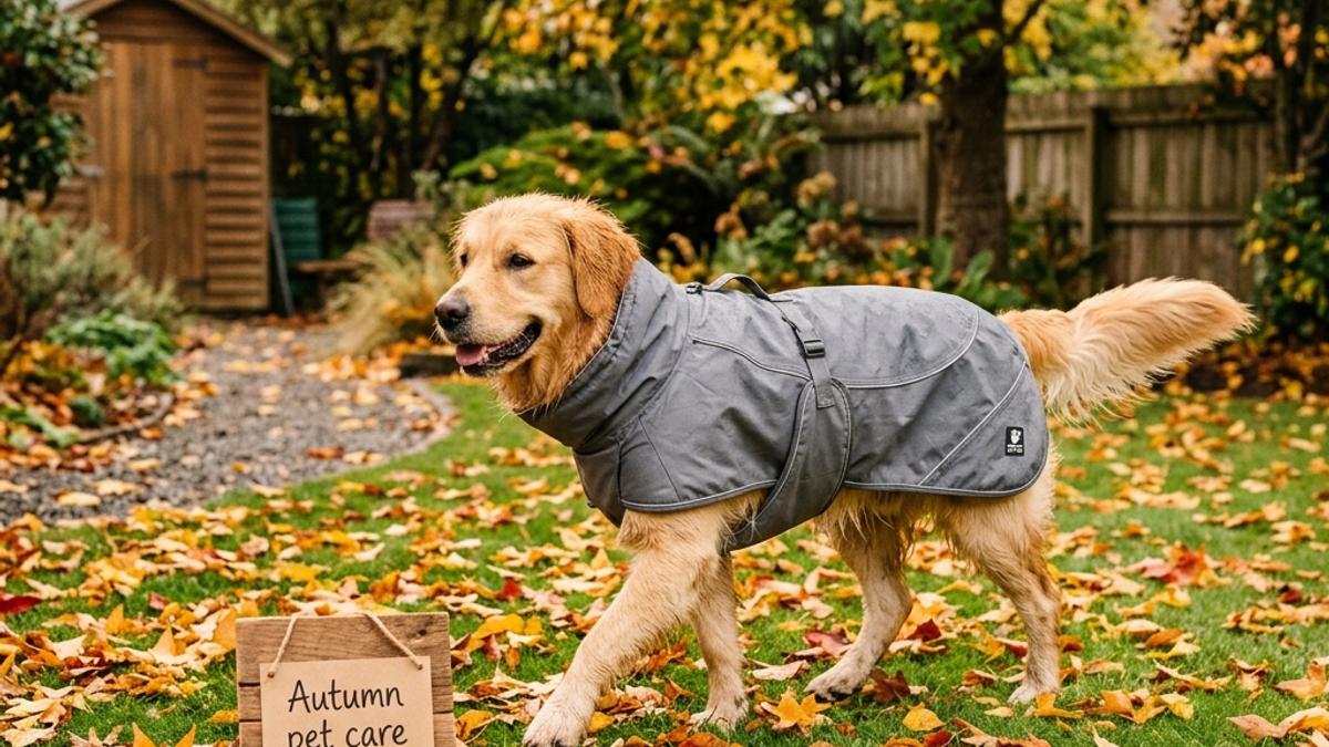 A golden retriever wearing a grey dog raincoat walking on lawn with autumn leaves next to a card