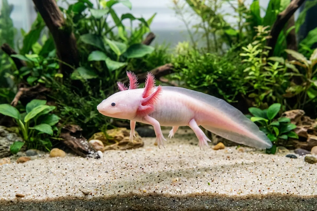 A pale pink leucistic axolotl with bushy crimson external gills hovering gently over fine sand substrate in a cold freshwater aquarium