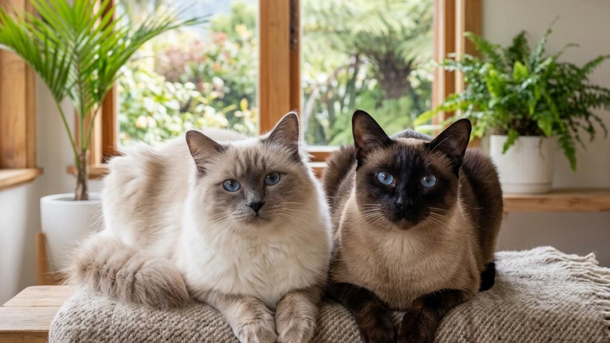 A happy Balinese cat and a Siamese cat side by side inside a New Zealand home