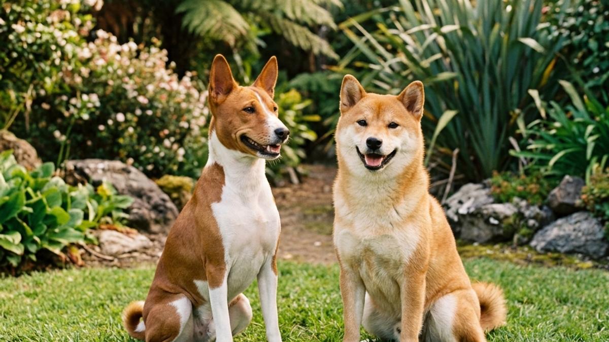 A happy Basenji dog and a Shiba Inu side by side in a New Zealand grassy lawn