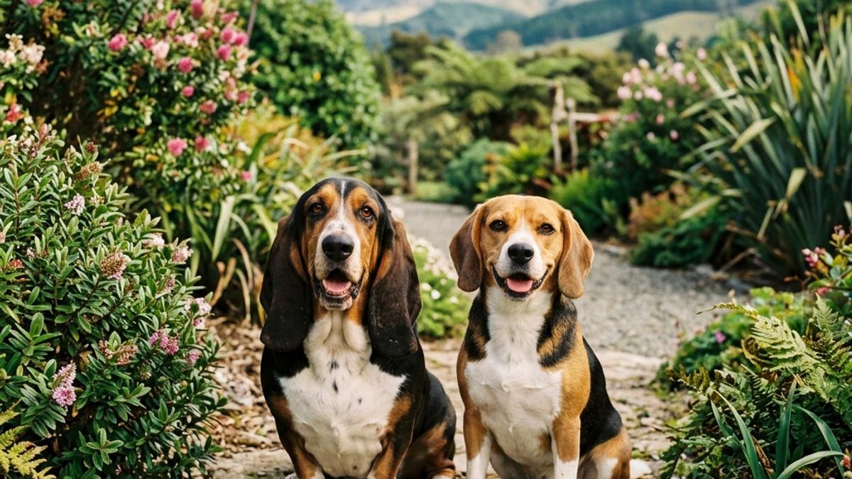 A happy Basset Hound and a Beagle side by side in a New Zealand garden path