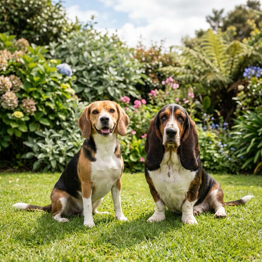 A happy Beagle and a classic Basset Hound sitting next to each other on lawn grass