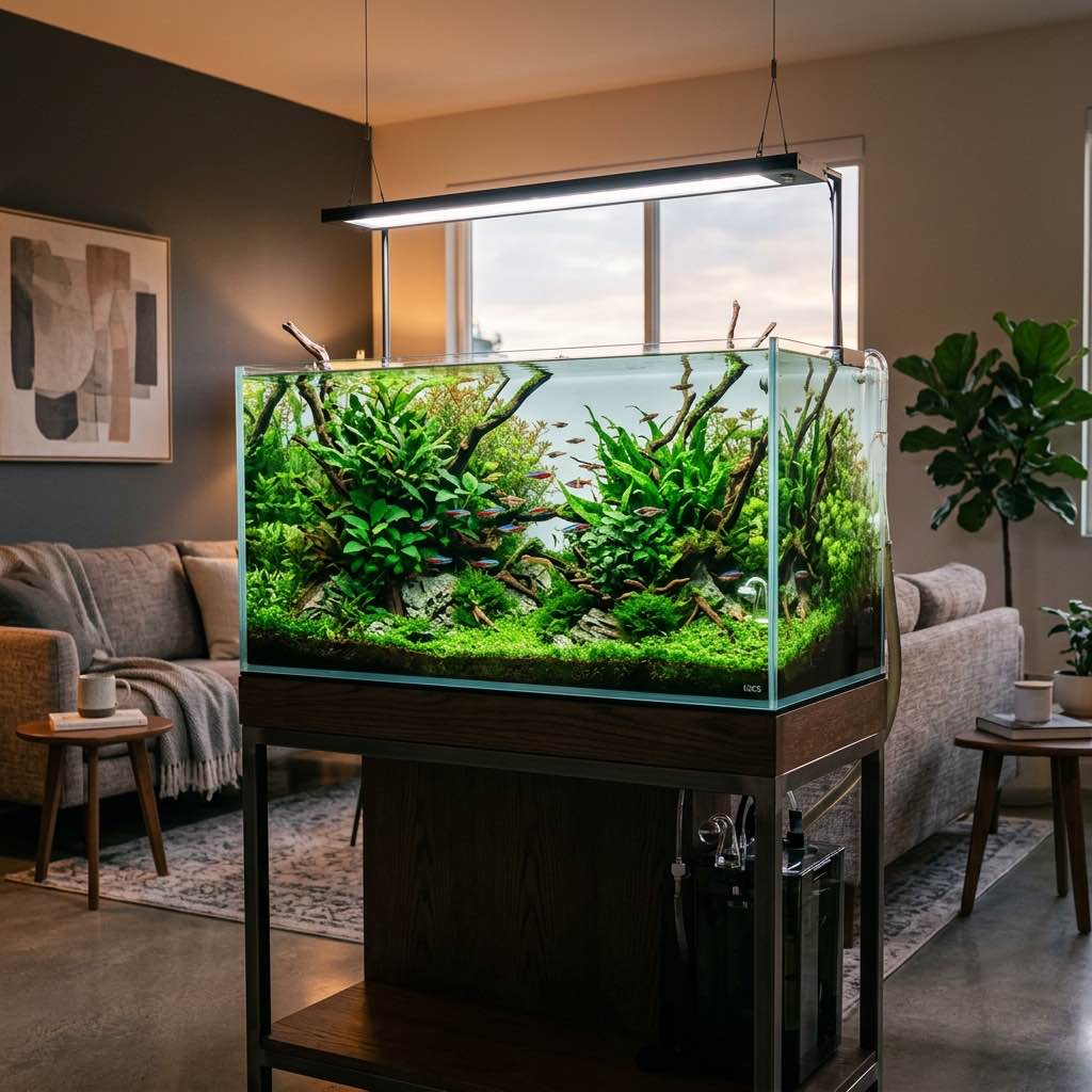 A beautiful planted freshwater aquarium tank in a modern living room