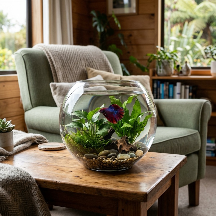 A betta fish swimming inside a clean round glass bowl next to a cozy armchair
