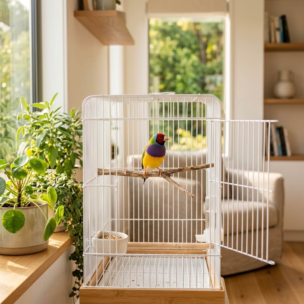 A lovely small pet bird sitting on a perch inside a clean modern home