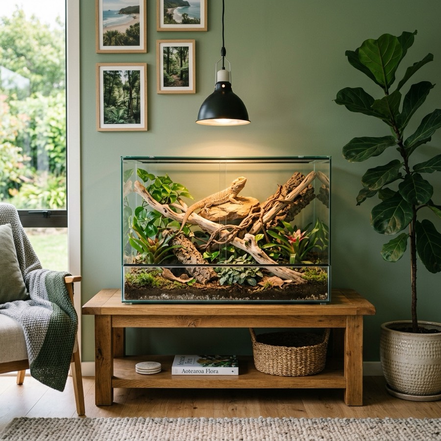 A modern reptile terrarium with a warm basking spot under a heating lamp in a stylish living room