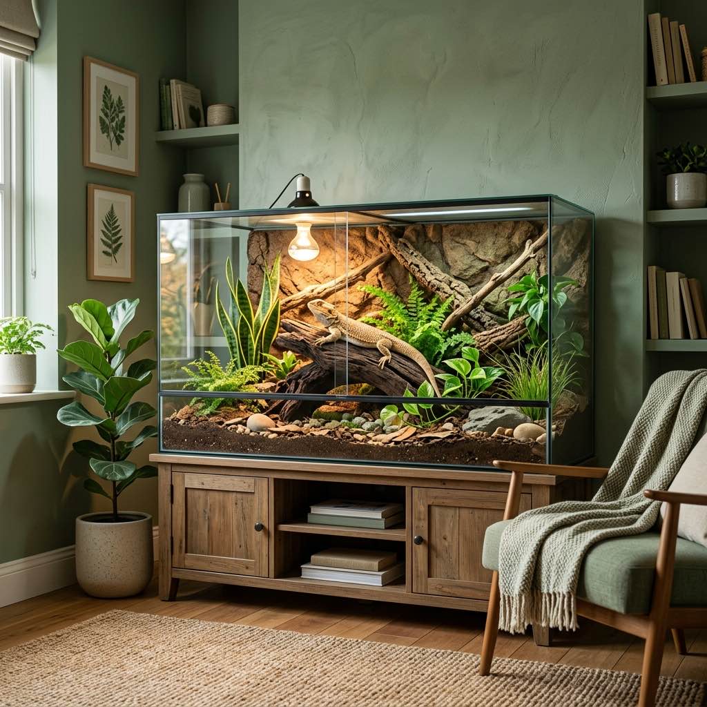 A beautifully decorated reptile habitat with warm basking light in a cozy home
