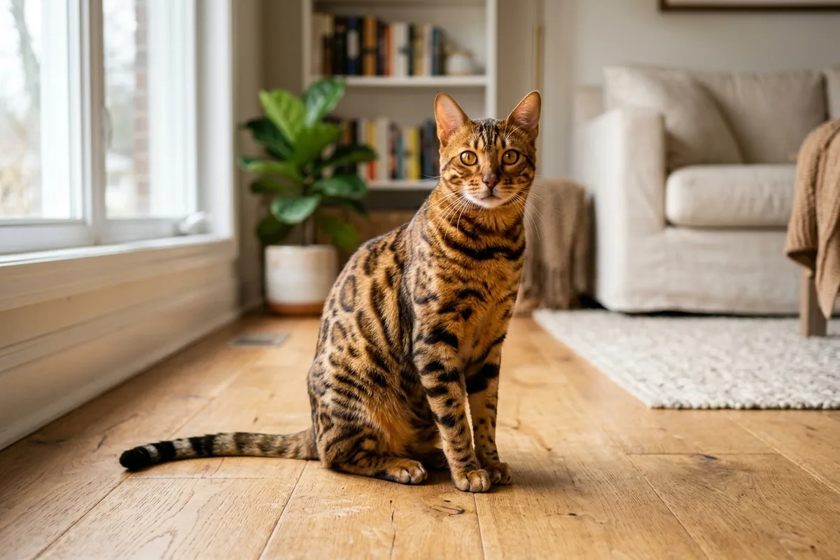 An athletic Bengal cat with distinctive vivid leopard rosette markings sitting attentively on a polished hardwood floor indoors