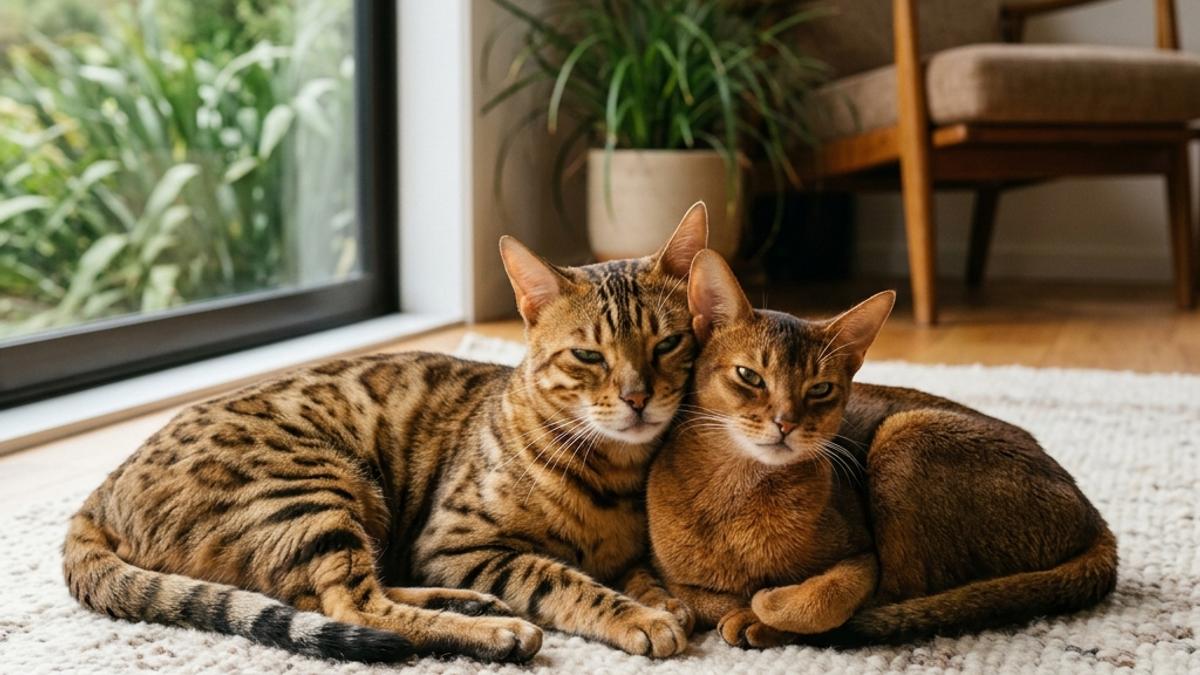 A happy Bengal cat and an Abyssinian cat resting together in a New Zealand setting, illustrating bengal vs abyssinian nz: which athletic, active cat breed is right for you?