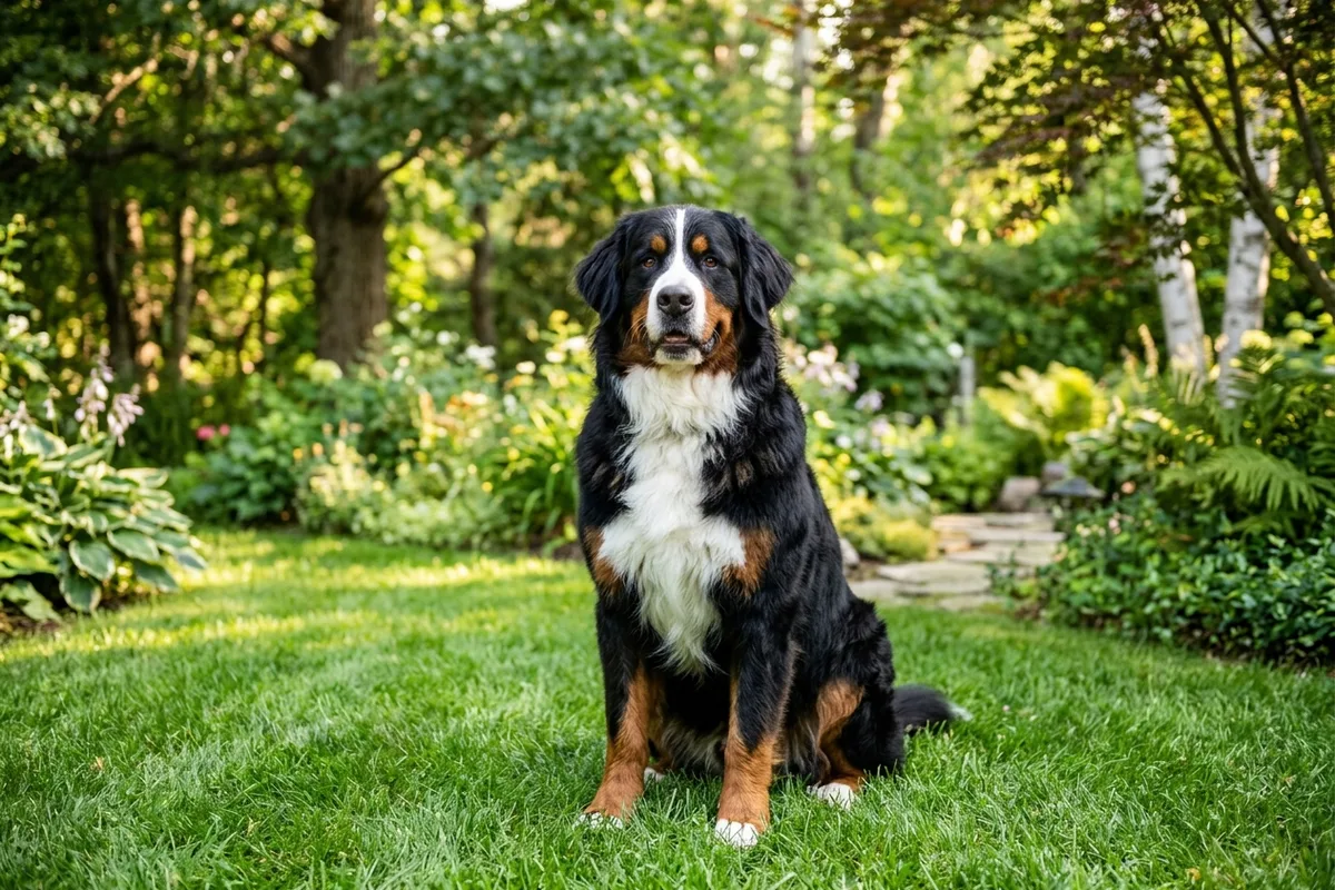 A handsome tricolor Bernese Mountain Dog sitting peacefully in a lush green backyard garden surrounded by trees