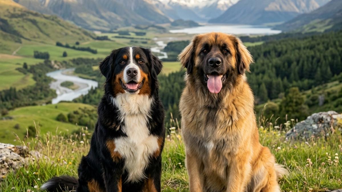 A happy Bernese Mountain Dog and a Leonberger dog side by side in a New Zealand alpine setting