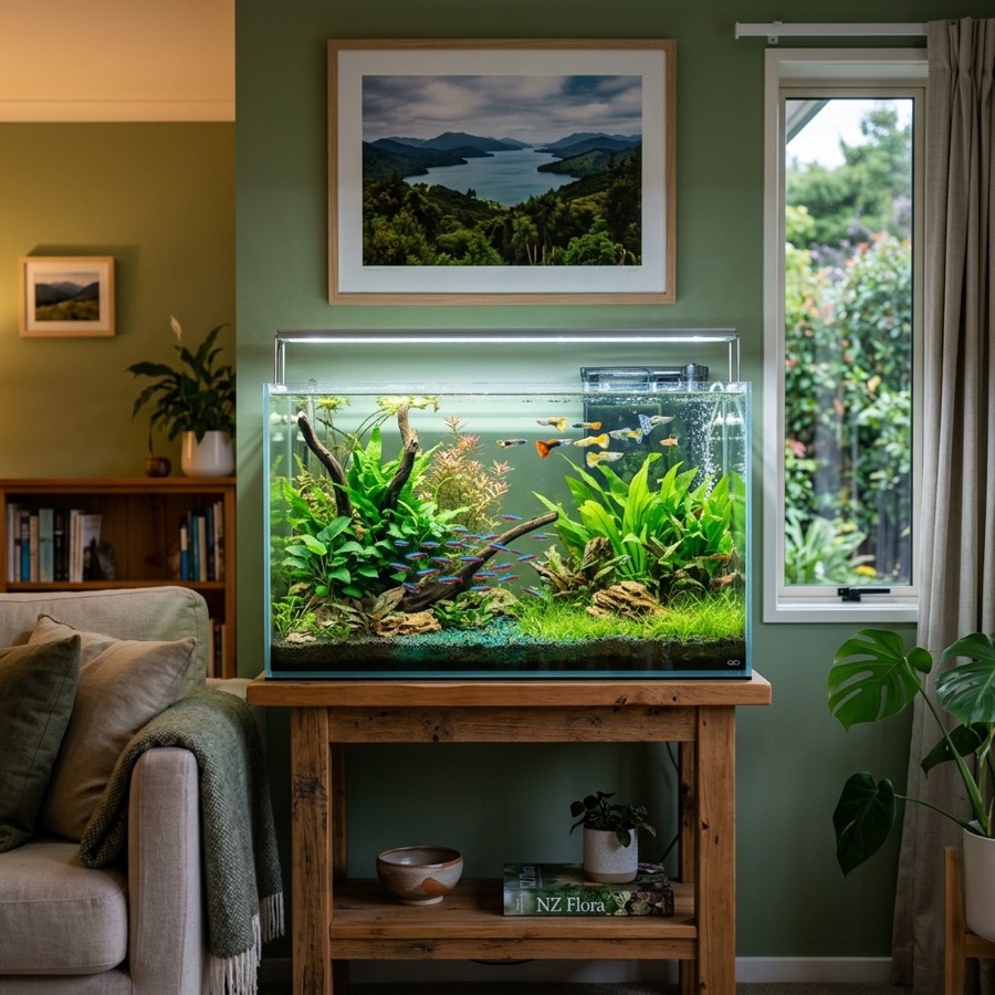 A vibrant planted freshwater aquarium with colorful small fish swimming in a modern living room