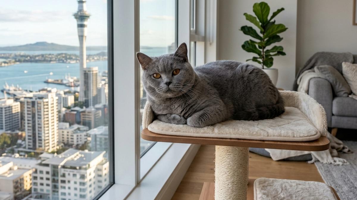 A calm British Shorthair cat lying on a cat tree near a window inside an apartment in Auckland