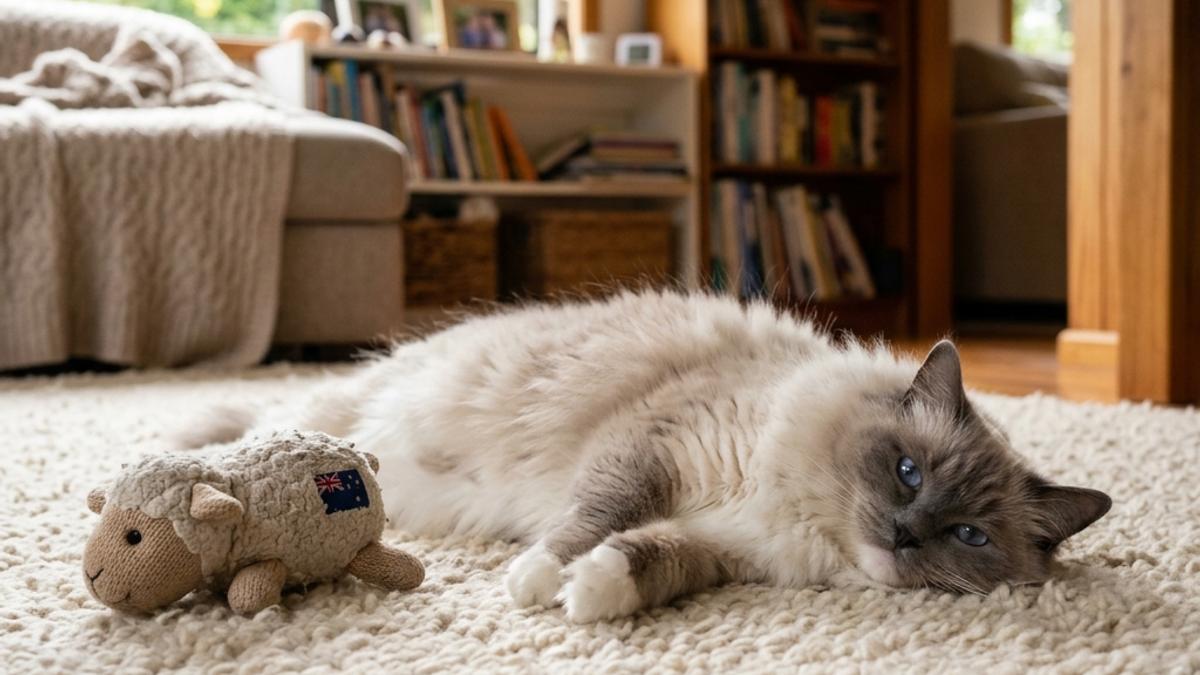 A fluffy blue-eyed Ragdoll cat lying relaxed next to a sheep plush toy on a carpet in a New Zealand home