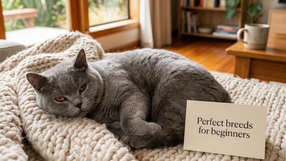A gentle British Shorthair cat relaxing on a knit blanket next to a card explaining perfect breeds for beginners