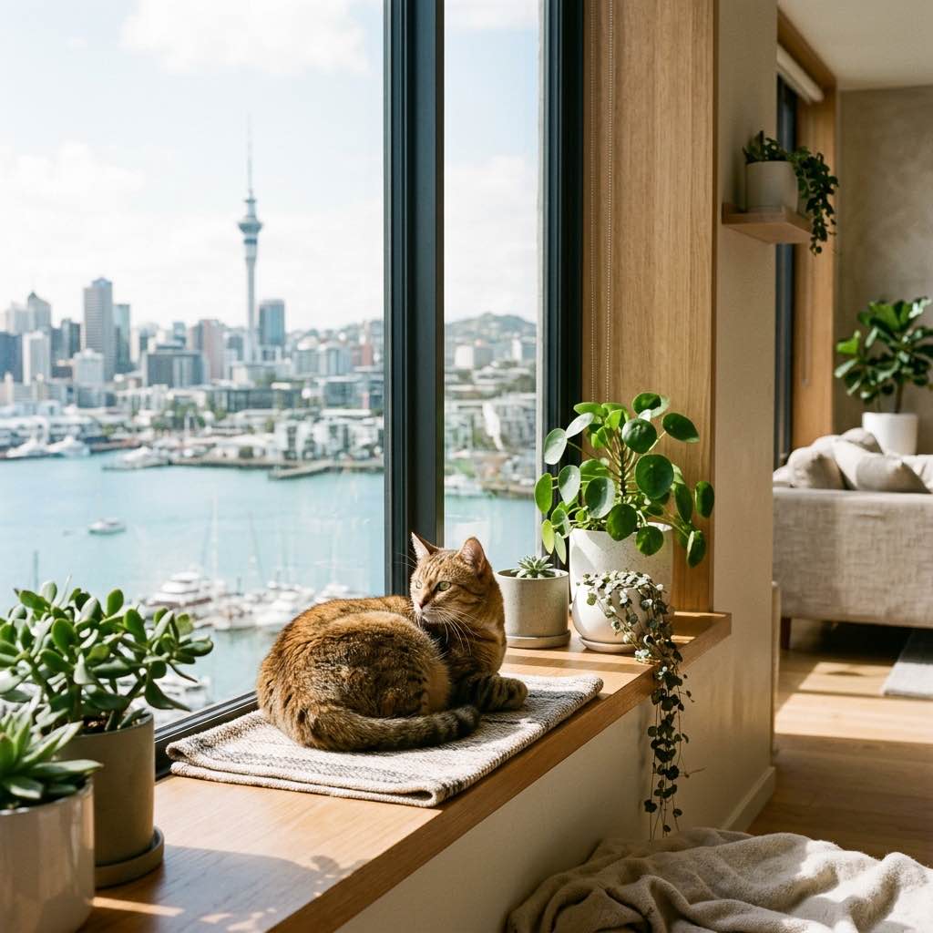 A relaxed cat looking out a window of a modern sunny Auckland apartment