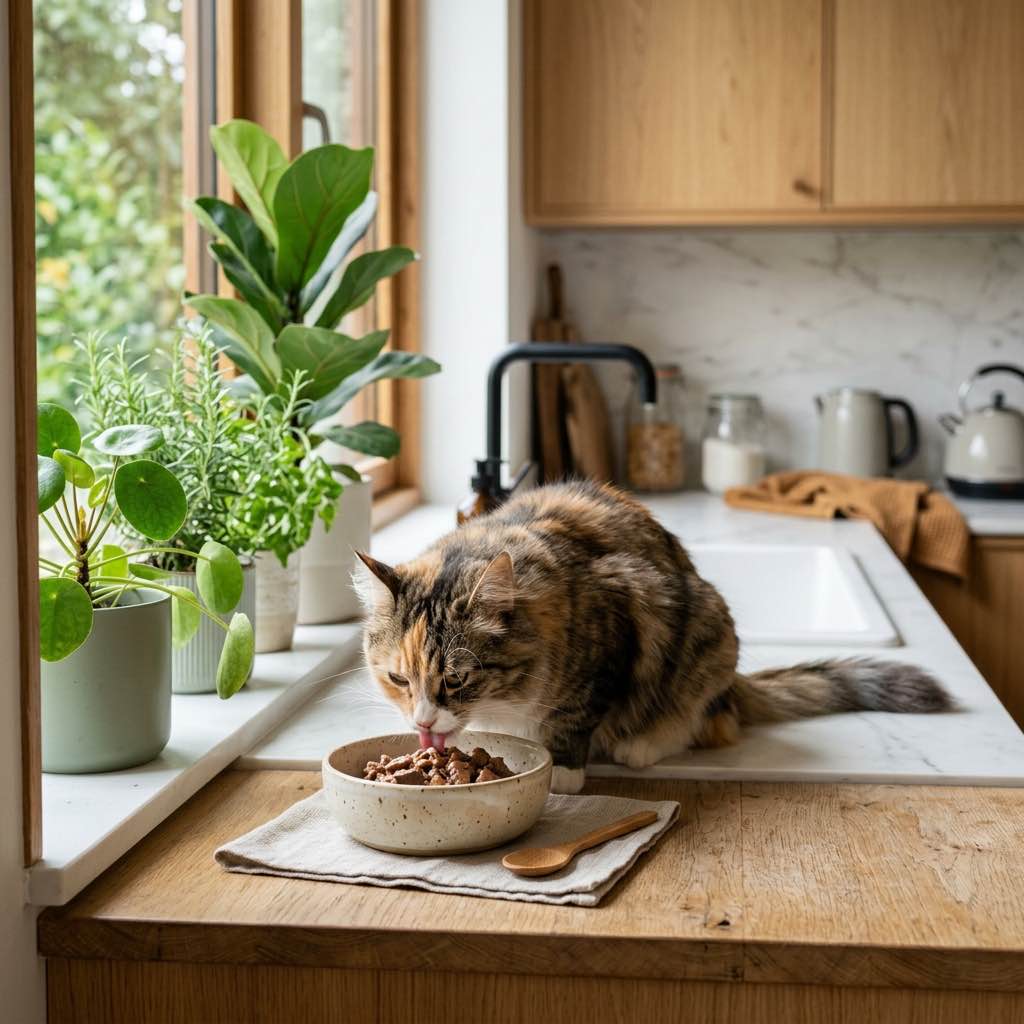 A beautiful cat eating high-quality wet food from an elegant ceramic bowl
