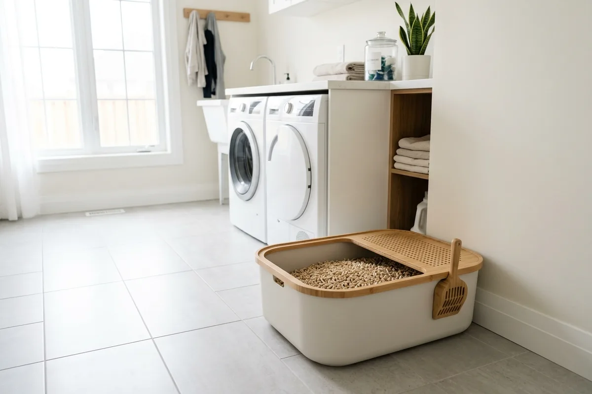 A clean modern neutral-toned cat litter tray with fresh natural plant-based pellets placed on light tiles in a bright home laundry room