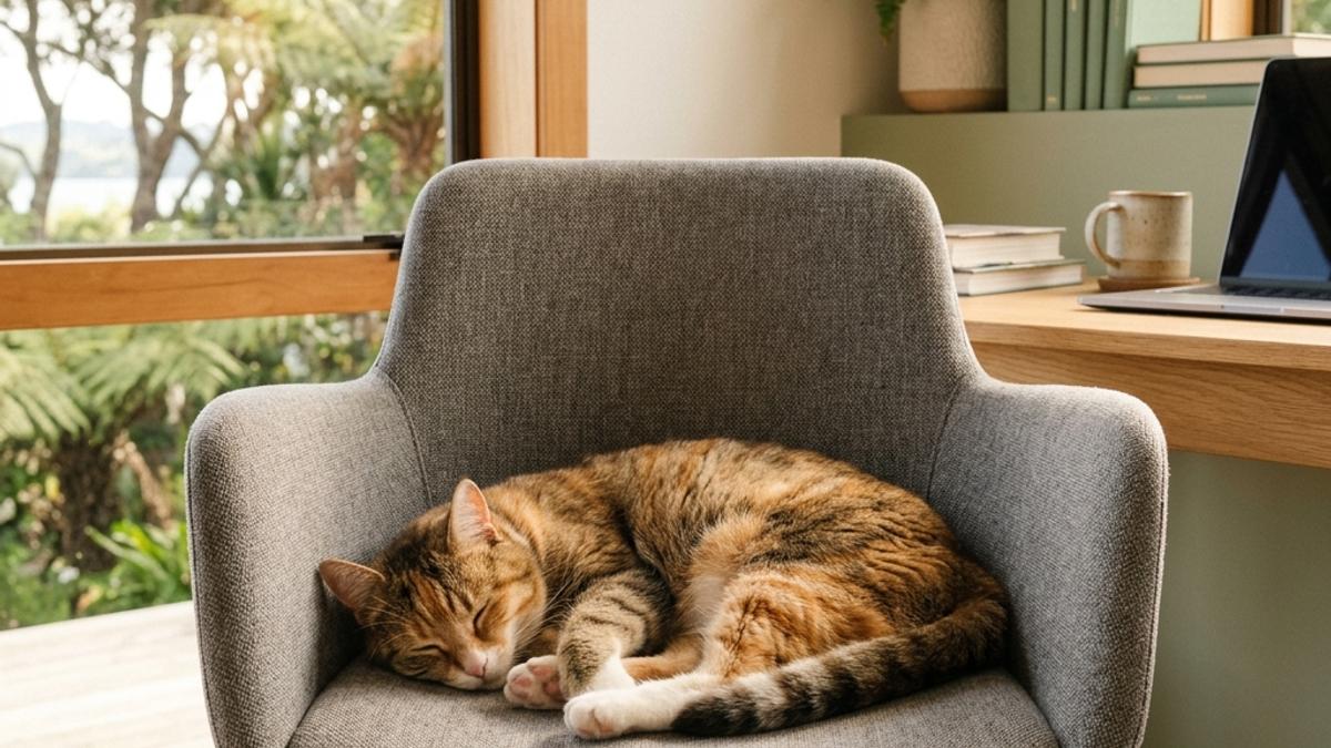 A calm, beautiful cat resting peacefully on a modern study chair in a sunny New Zealand apartment home office