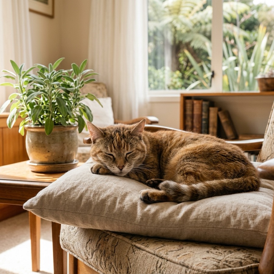 A calm tabby cat sleeping soundly on a soft cushion in a warm New Zealand home
