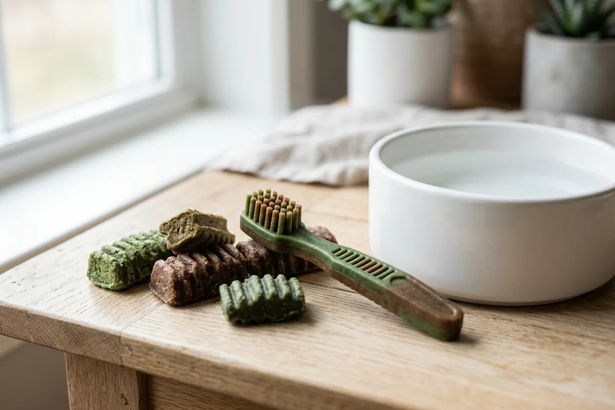 Several textured dental dog chew treats and a toothbrush chew arranged neatly on a light wooden tabletop beside a clean water bowl