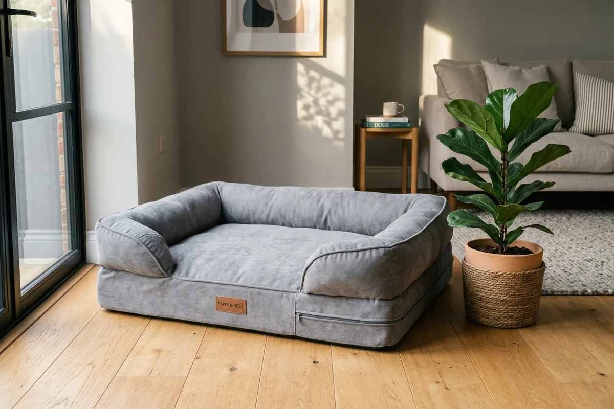 An orthopaedic memory foam dog bed with plush grey bolster edges resting in a sunny living room corner beside a houseplant