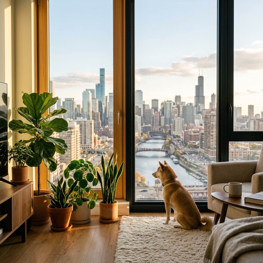 A small calm dog looking out a large window of a modern sunny apartment towards the city skyline