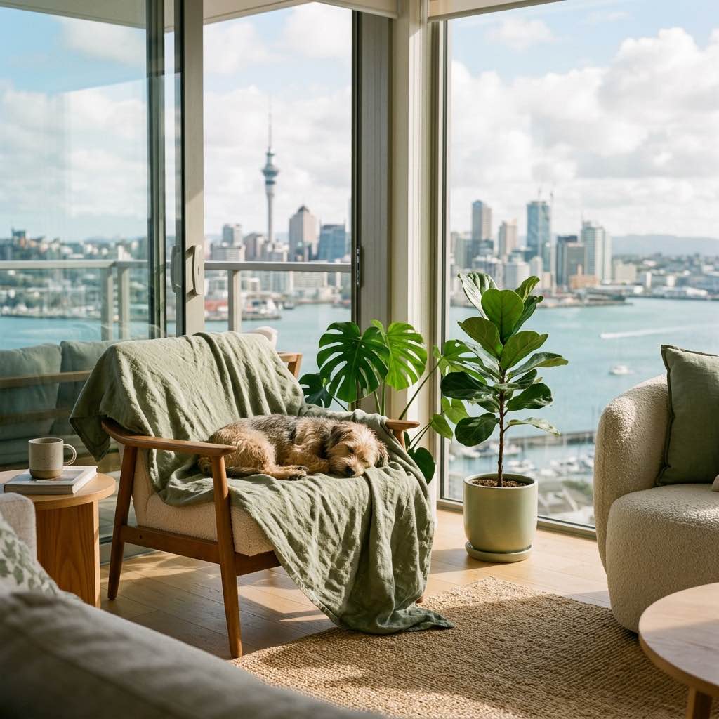A small dog relaxing in a sunny Auckland apartment overlooking the city