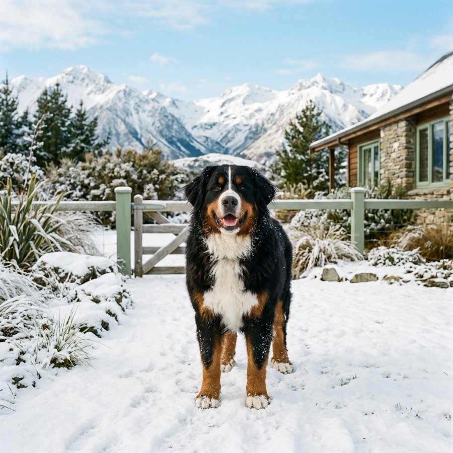A fluffy Bernese Mountain Dog standing in the snow with the Southern Alps of New Zealand in the background