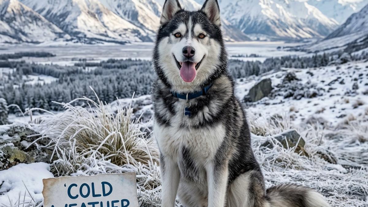 A thick coated Siberian Husky sitting happily in snowy South Island landscape next to a card