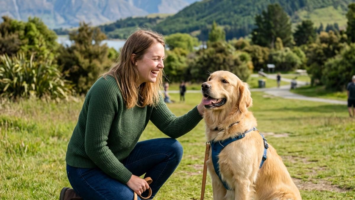 A happy woman petting a friendly golden retriever in a New Zealand park with scenic mountains behind