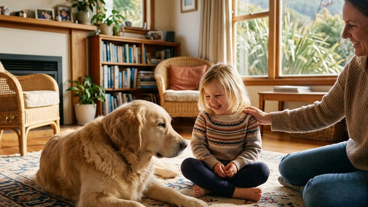 A gentle Golden Retriever lying on a rug with a happy child and parent's reassuring hand
