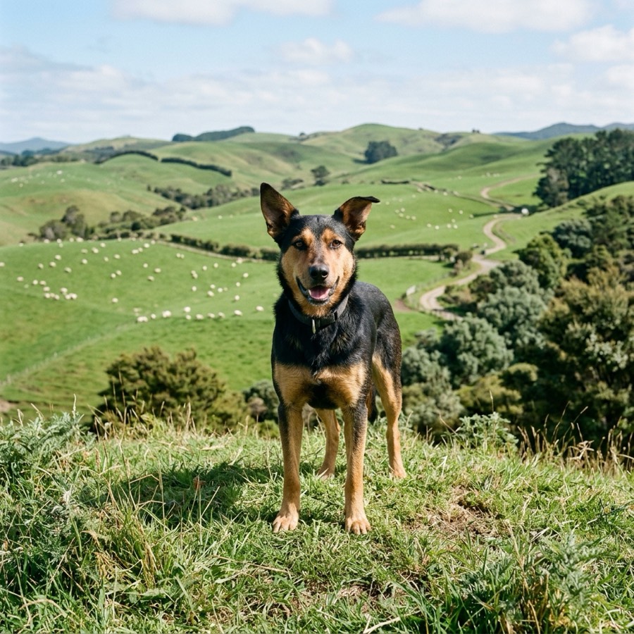 An active herding dog standing on a grassy hill with rolling green farmland in the background