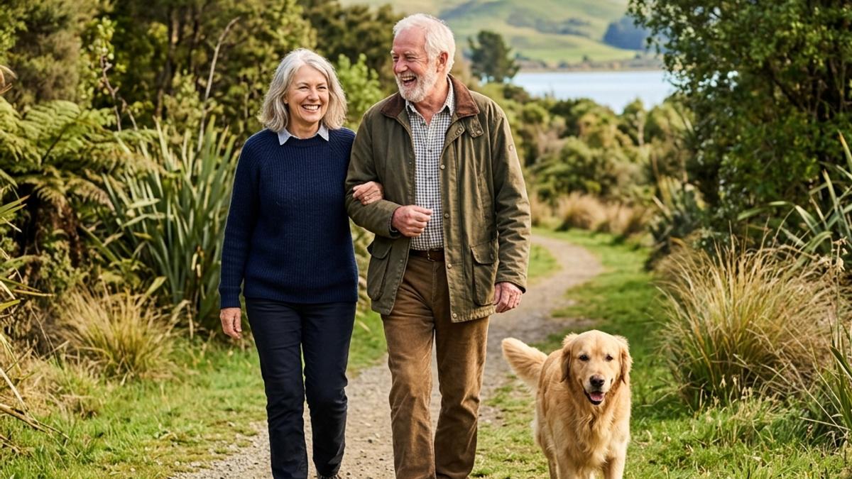 A happy senior couple walking with a calm, gentle dog in a New Zealand park