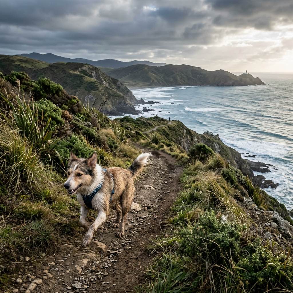 An active dog happily running along a scenic Wellington coastal path