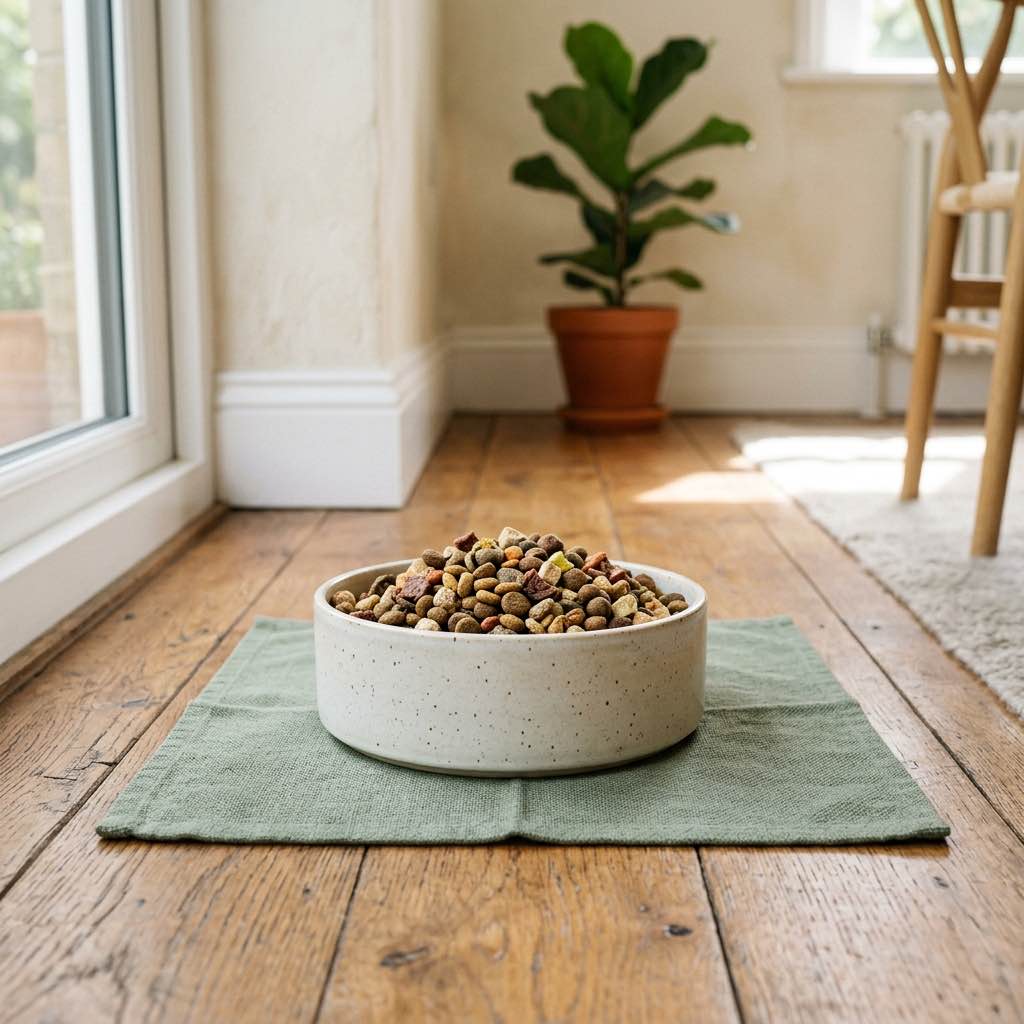 A sleek ceramic dog bowl filled with high-quality dog kibble sitting on a wooden floor